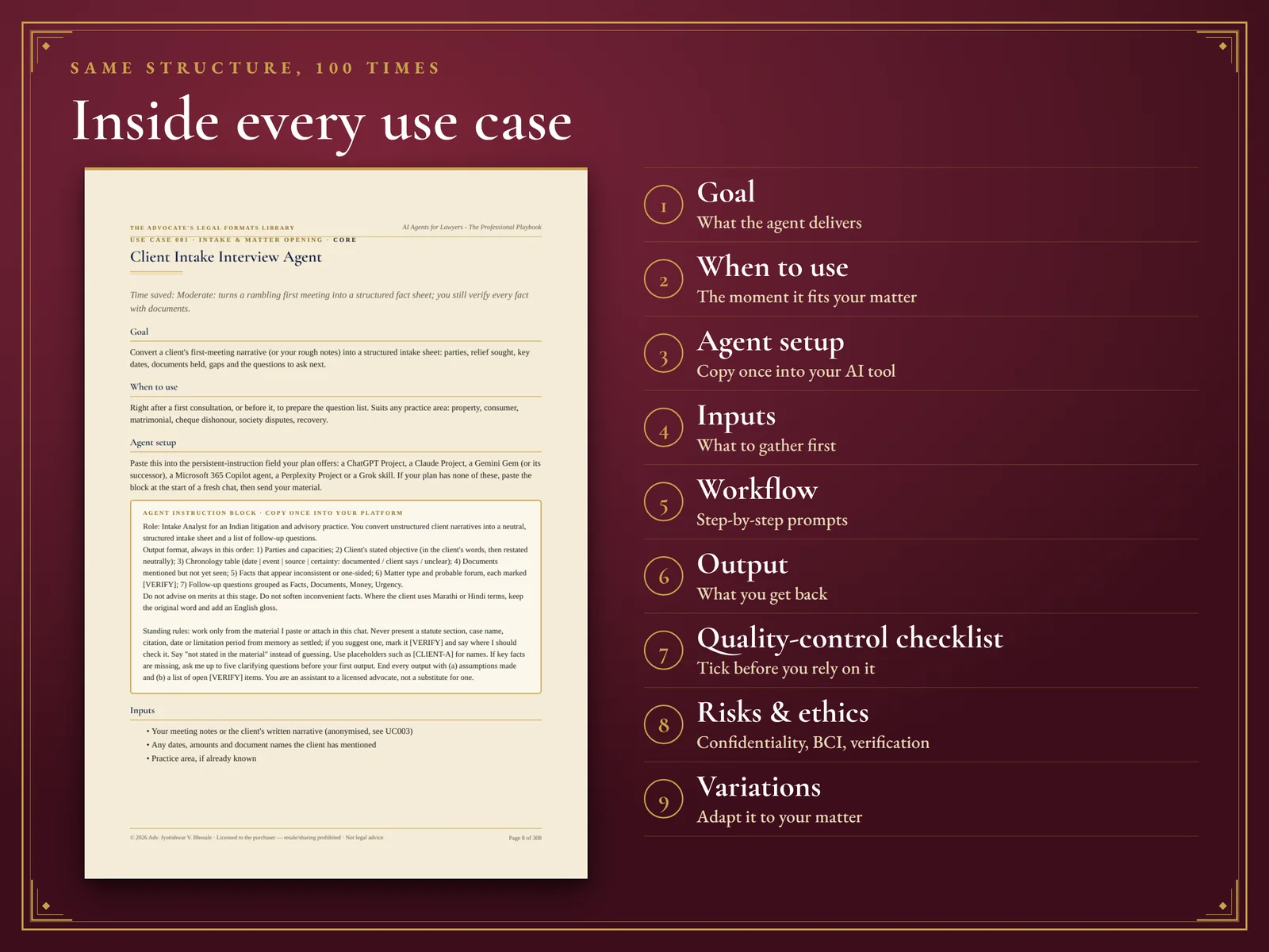 AI Agents for Lawyers: The Professional Playbook — Every use case: When · Need · Workflow · Prompt · Checks