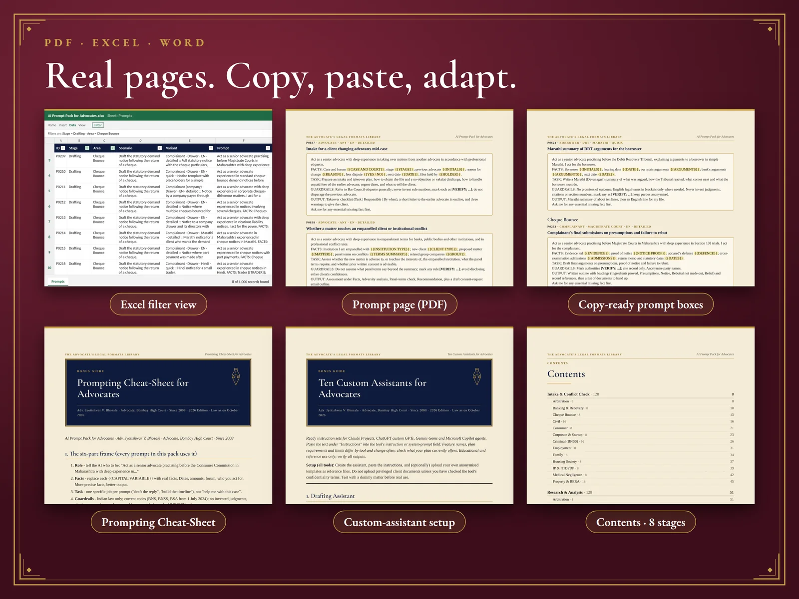AI Prompt Pack for Advocates — Real pages: PDF, Excel filter view and Word