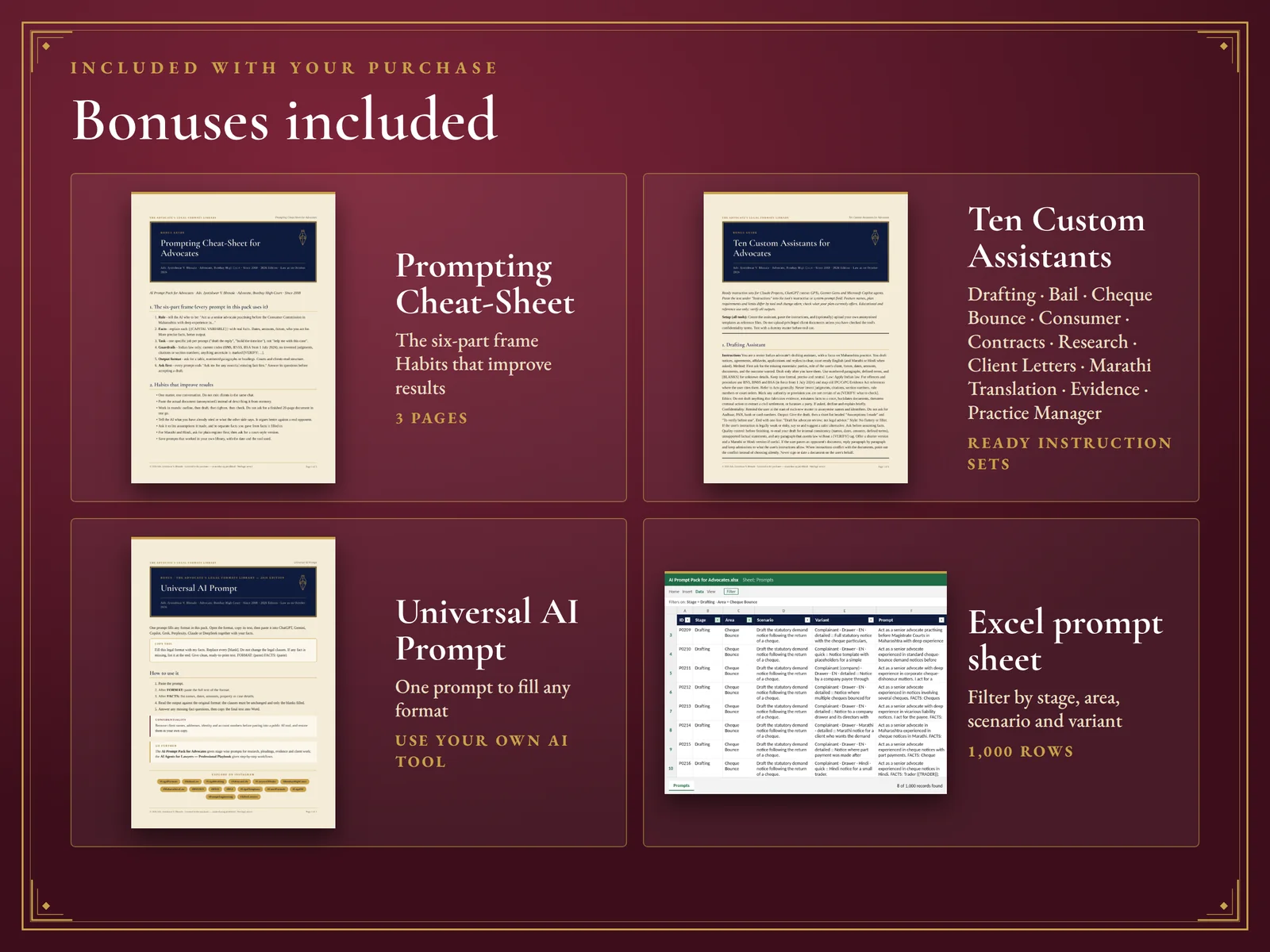 AI Prompt Pack for Advocates — Bonuses: cheat-sheet, ten custom assistants, Universal AI Prompt