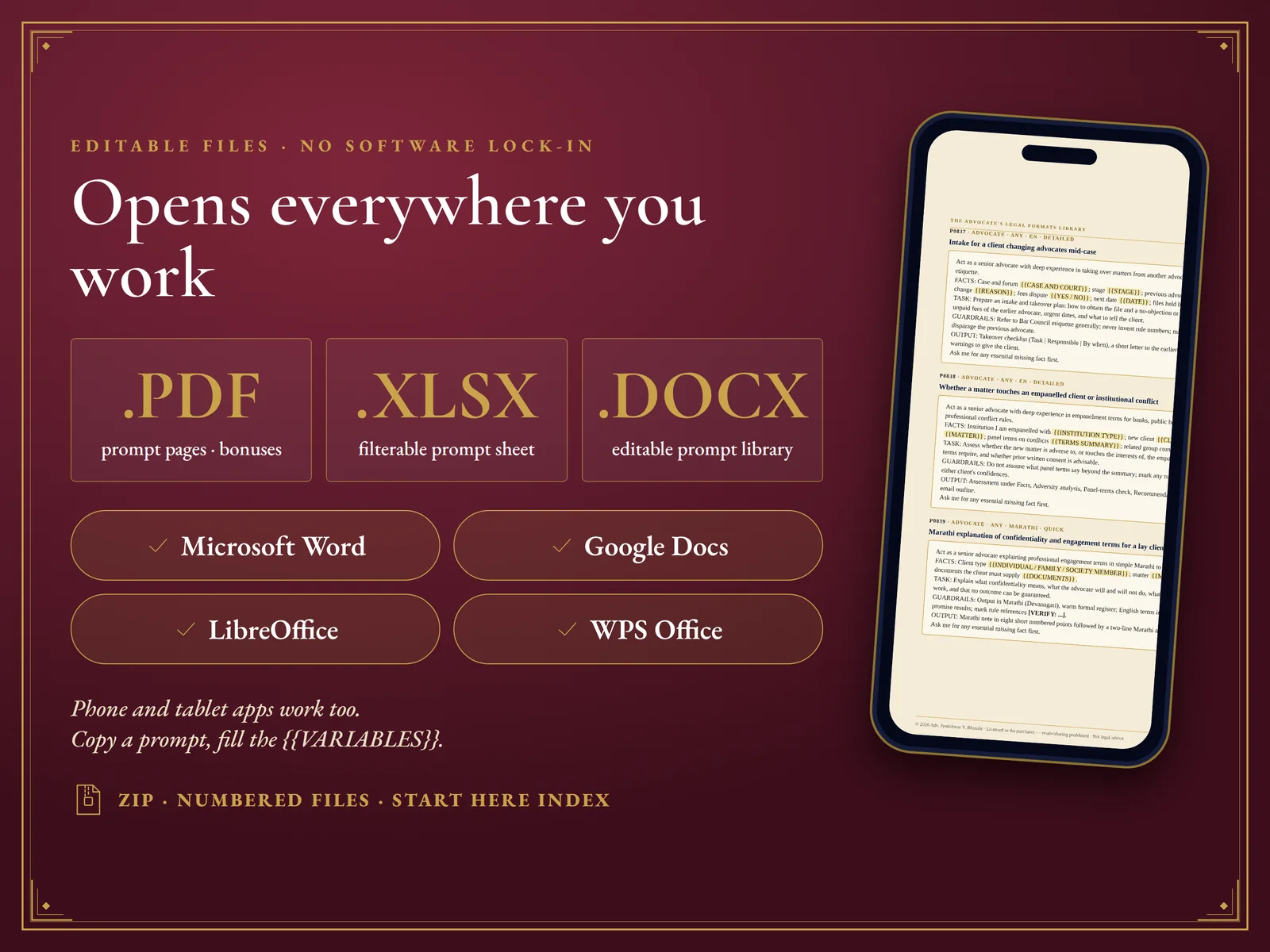 AI Prompt Pack for Advocates — PDF, Excel and Word: opens in Word, Google Docs, LibreOffice and WPS