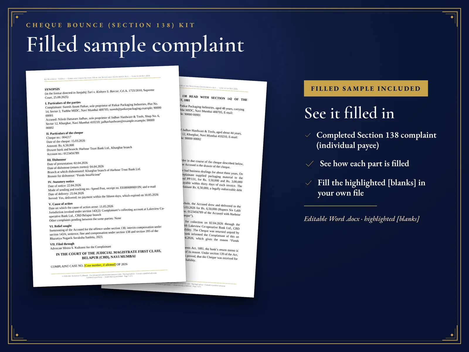 Cheque Bounce (Section 138) Kit — A filled sample complaint under Section 138