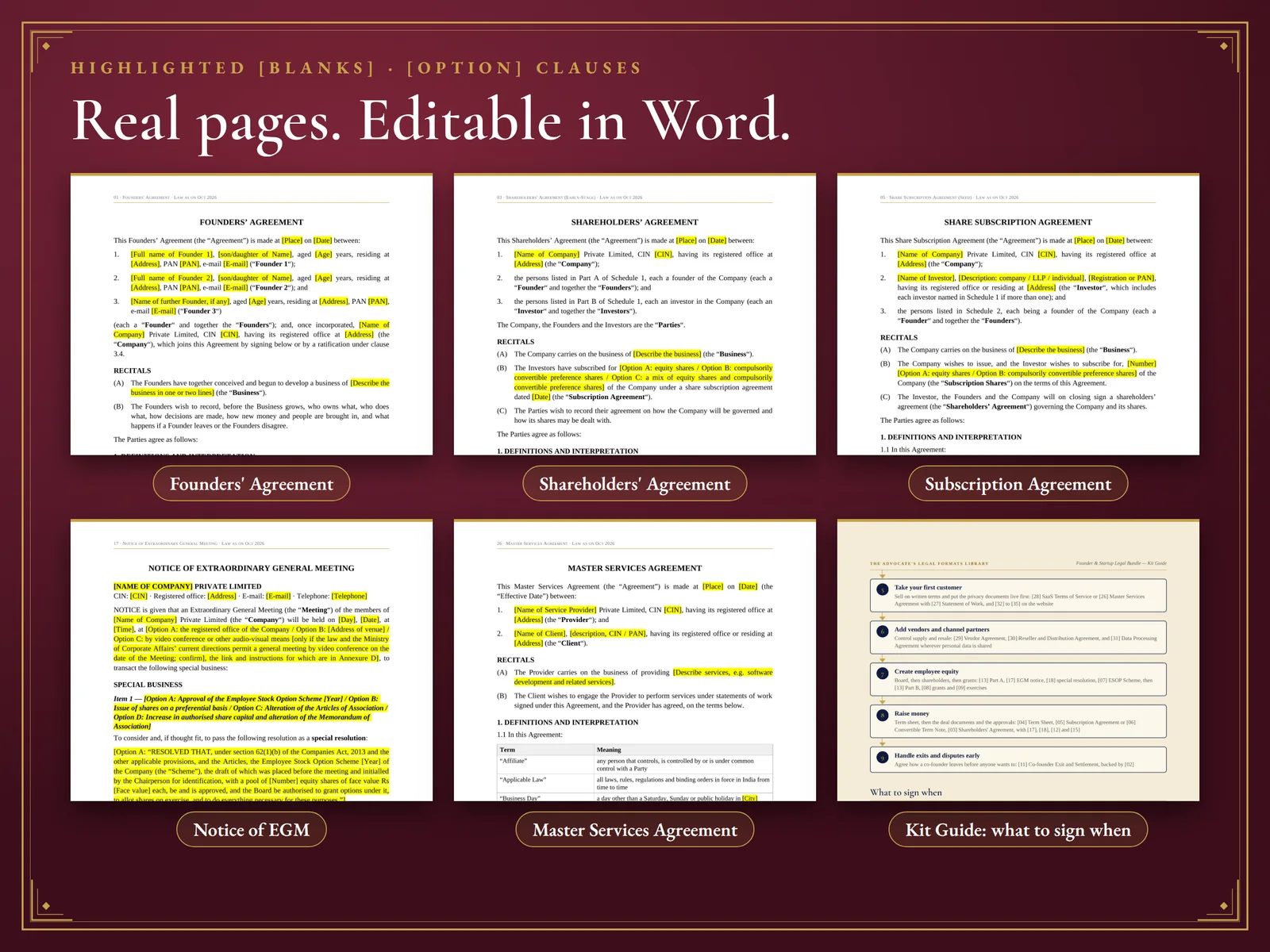 Founder & Startup Legal Bundle — Real pages, editable in Word