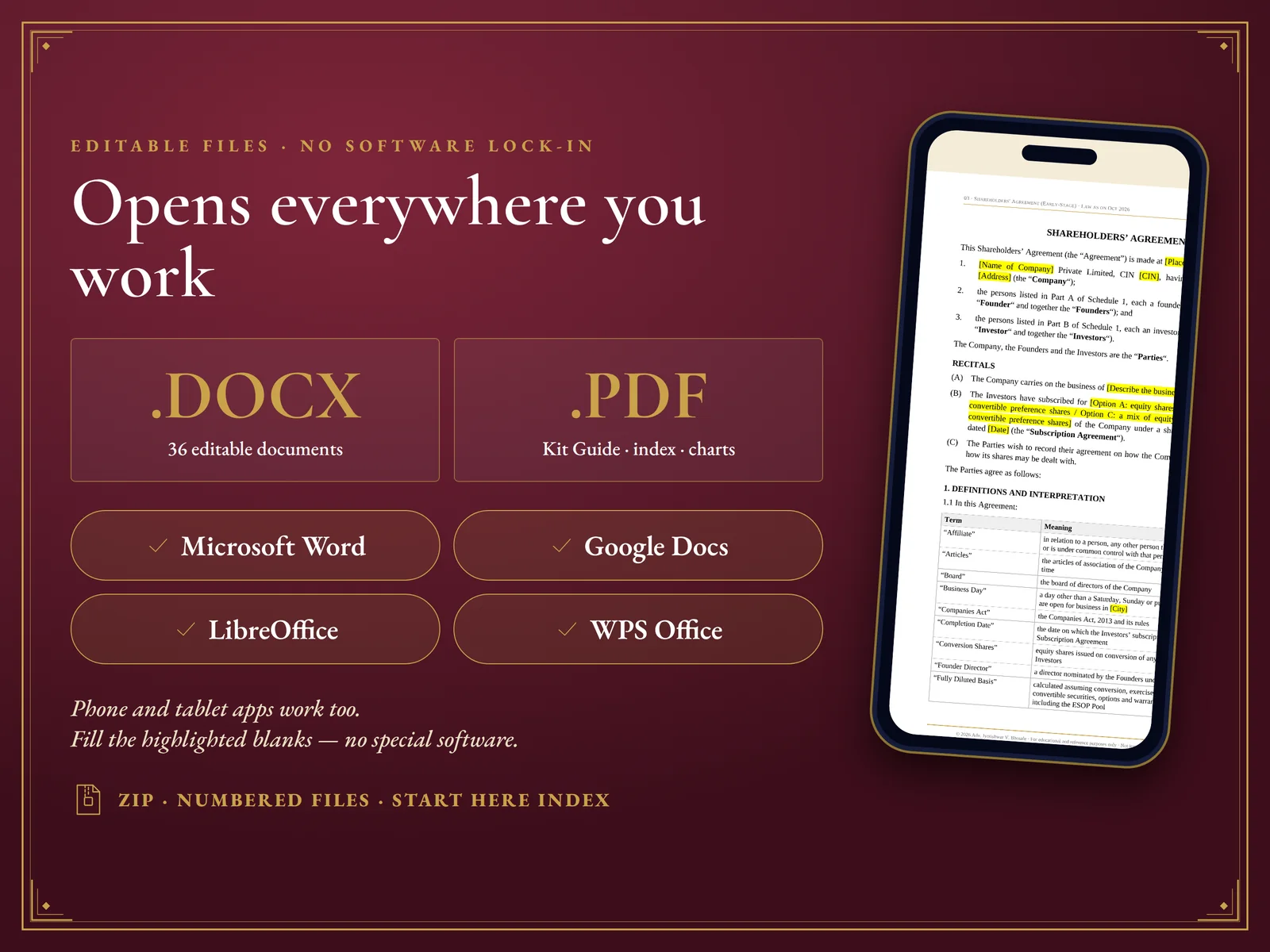 Founder & Startup Legal Bundle — Opens in Word, Google Docs, LibreOffice and WPS