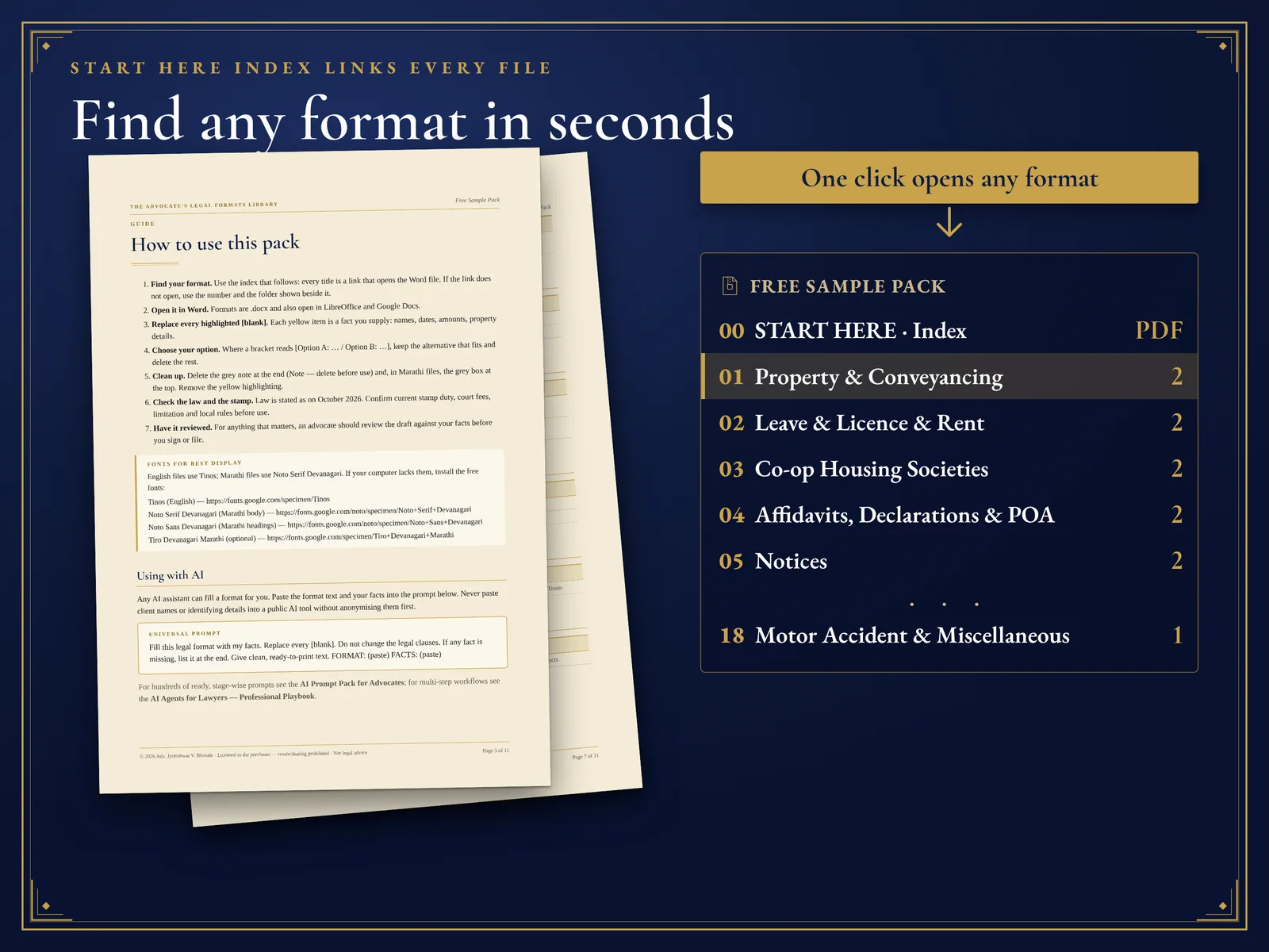 Free Sample Pack: 25 Legal Formats + 25 AI Prompts — START HERE index: find any file in seconds