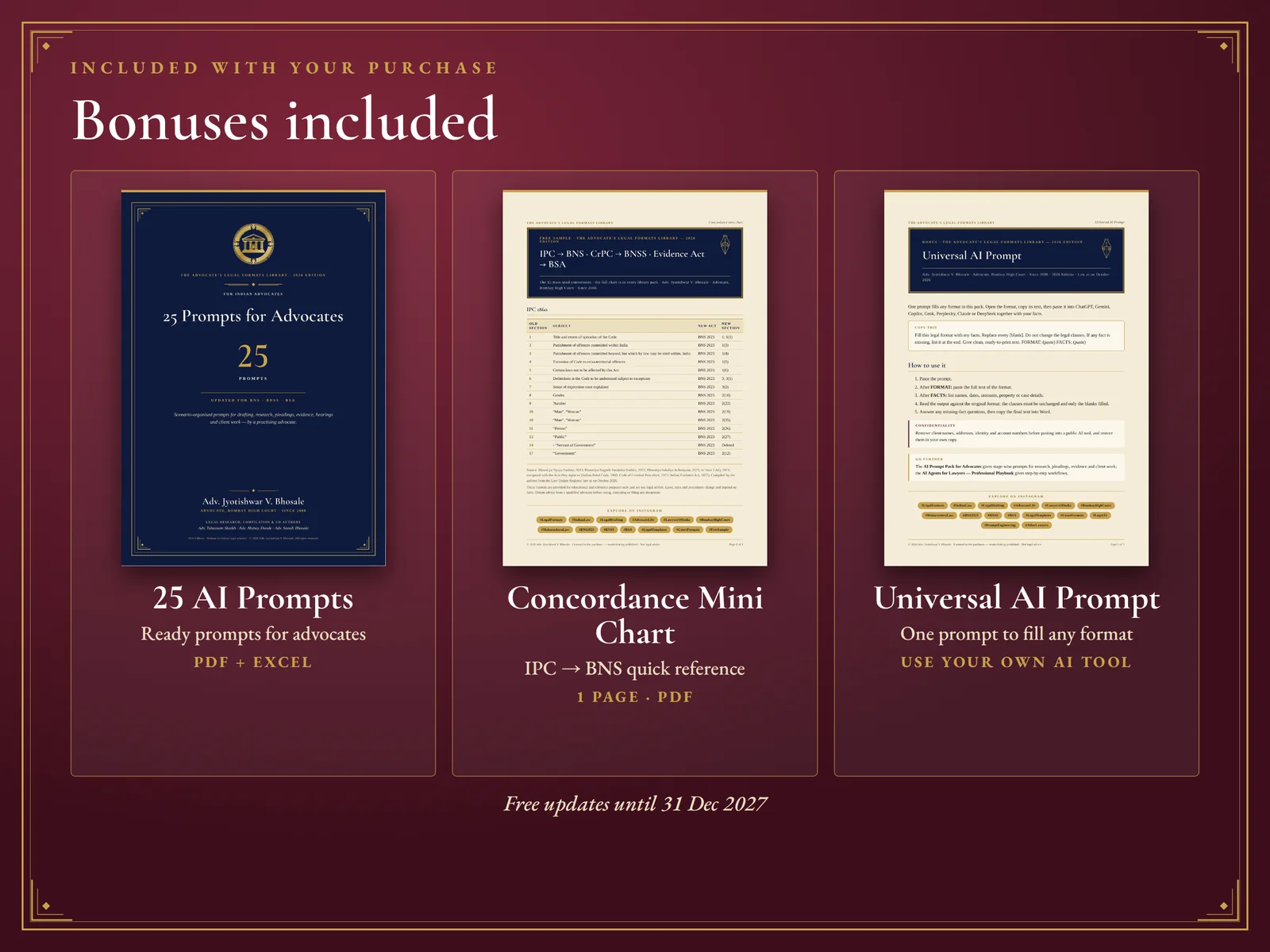 Free Sample Pack: 25 Legal Formats + 25 AI Prompts — Also included: 25 prompts, IPC → BNS mini chart, Universal AI Prompt