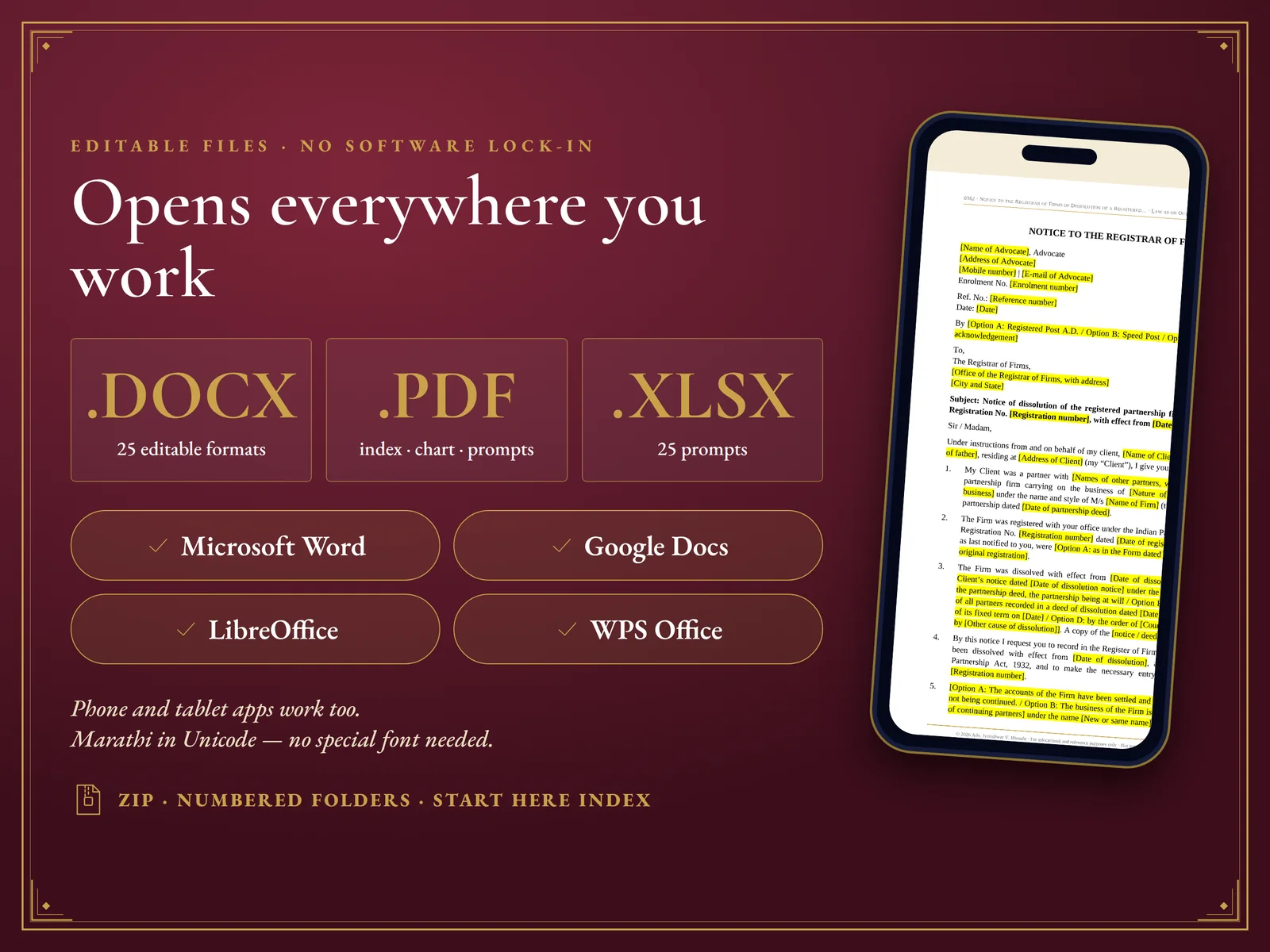 Free Sample Pack: 25 Legal Formats + 25 AI Prompts — Opens in Word, Google Docs, LibreOffice and WPS
