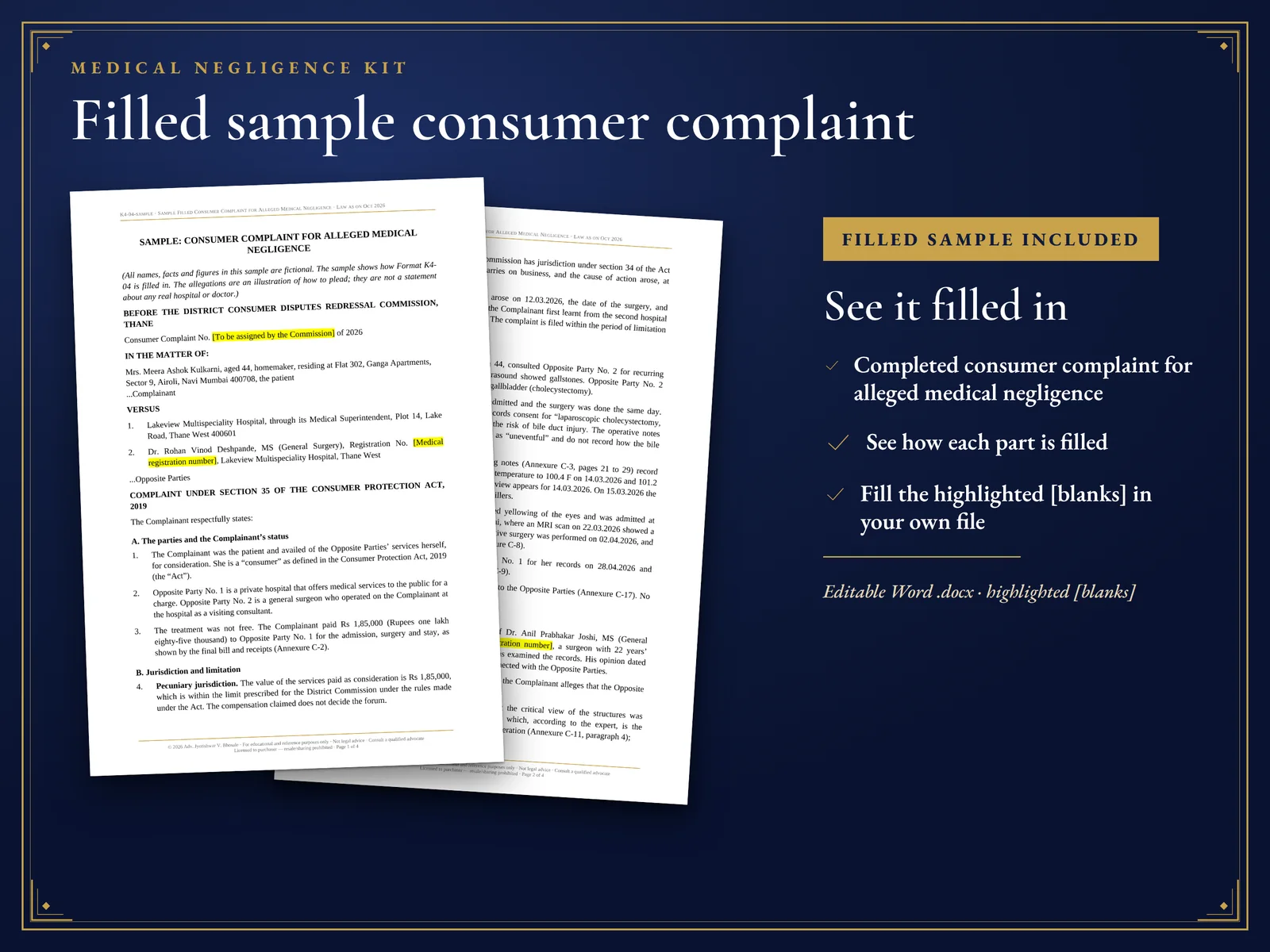 Medical Negligence Kit — A filled sample consumer complaint for alleged medical negligence