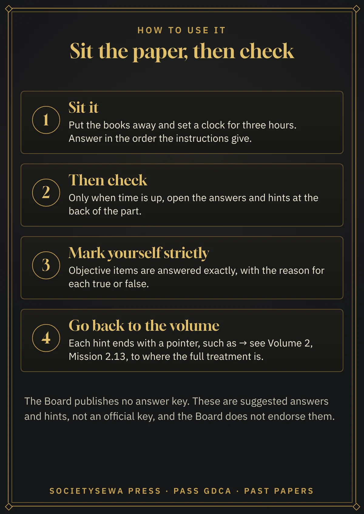 Pass GDCA — Past Papers & Practice Tests, English e-book — How to use it: sit the paper under time, then check the suggested answers and hints; the Board publishes no answer key
