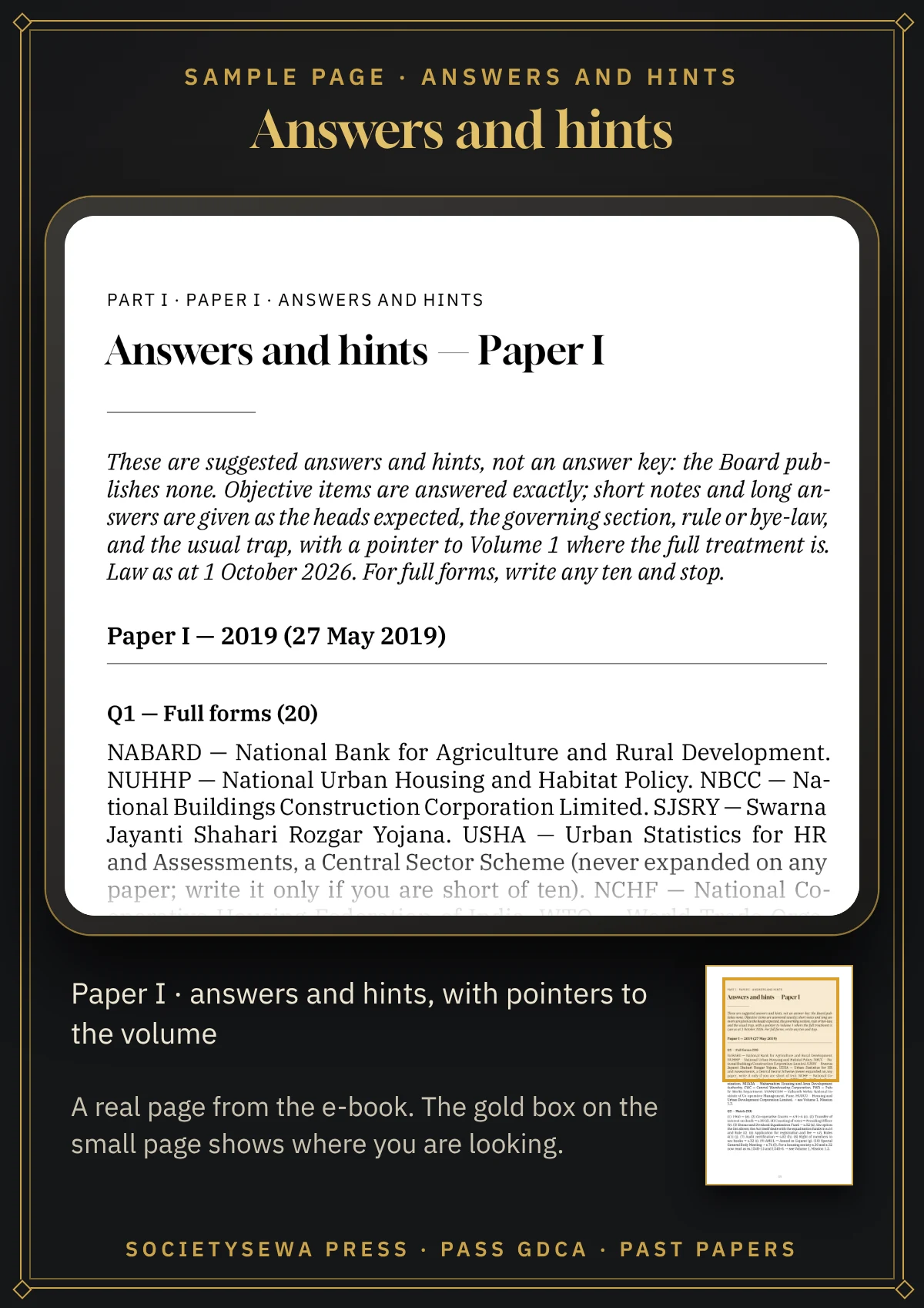 Pass GDCA — Past Papers & Practice Tests, English e-book — A real page: answers and hints, each ending in a pointer to the volume