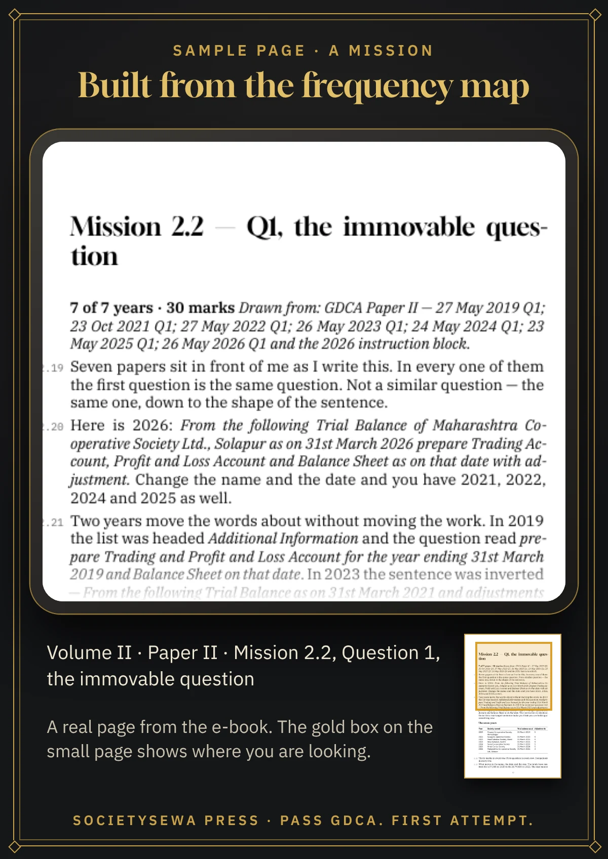 Pass GDCA — Volume II · Paper II: Accounts, English e-book — A real page: Mission 2.2, Question 1, the immovable question