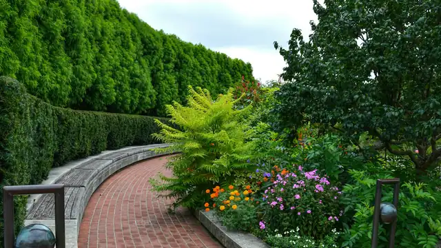 Brick path through a landscaped garden